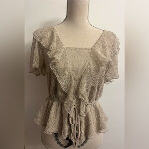 Anthropology june & hudson Lace Top Blouse Large Peplum Flutter Sleeves Taupe